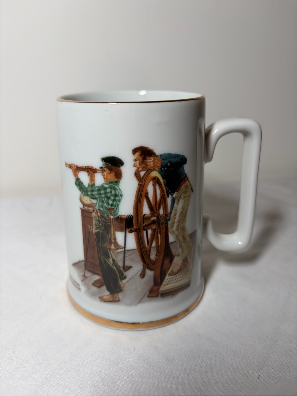 Norman Rockwell White Mug with Gold Trim and Nautical Illustration